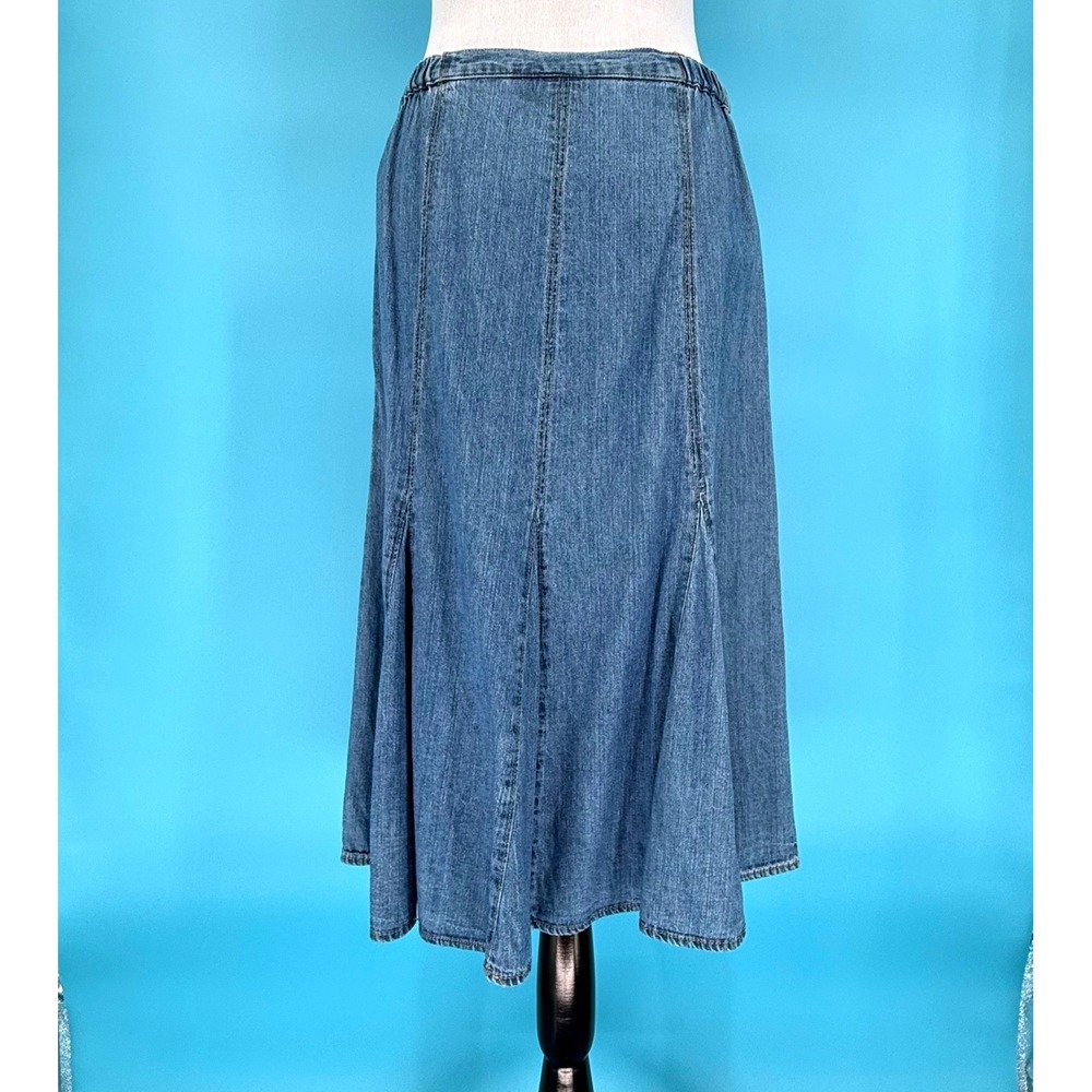 JM Collection Petite Blue Denim Panelled A-Line Midi Skirt 8P Cotton Side Zip